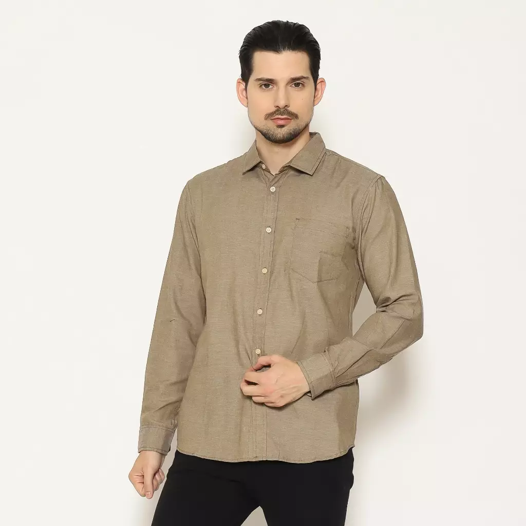 AMK Kemeja Pria Basic Polos Pendek SHS Takuro L/S Dark Olive