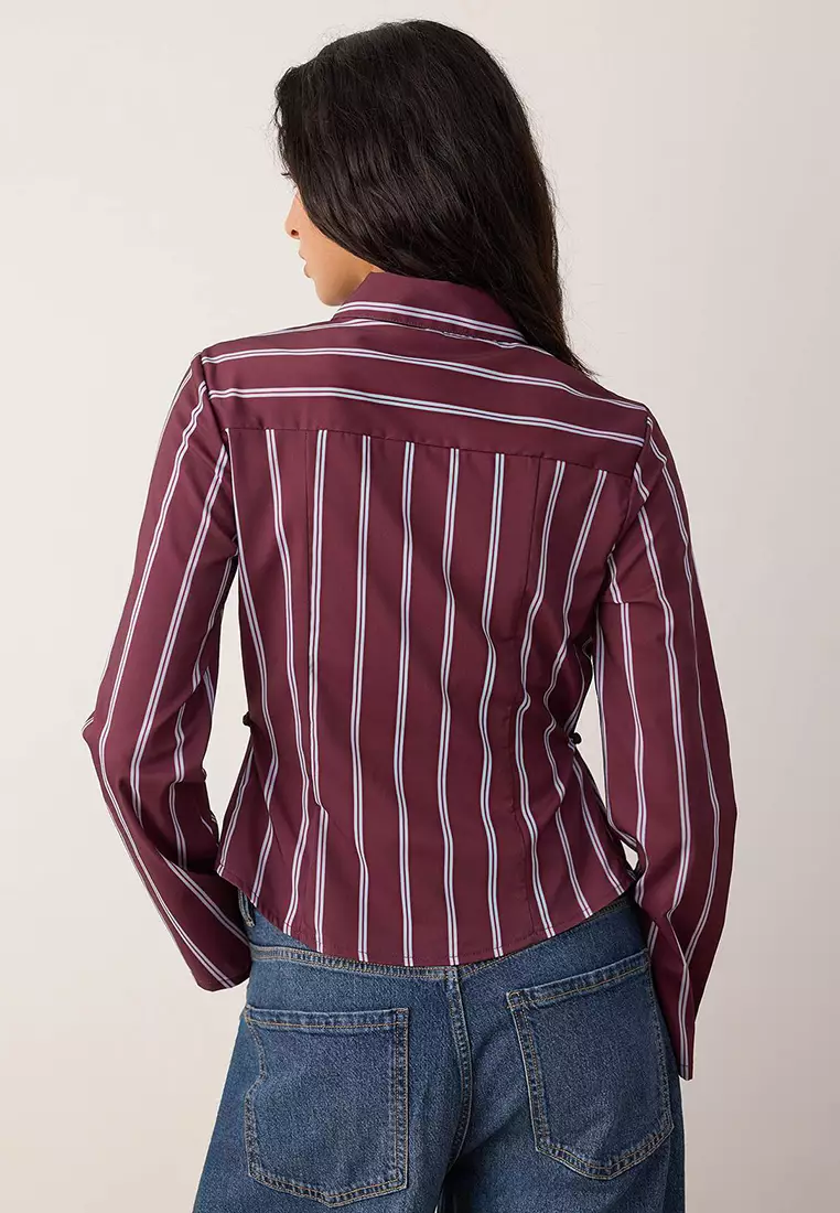 Burgundy-Multicolored Striped Waist Adjustable Lightweight Fitted Waist Wide Sleeves Shirt Twoaw26Go13