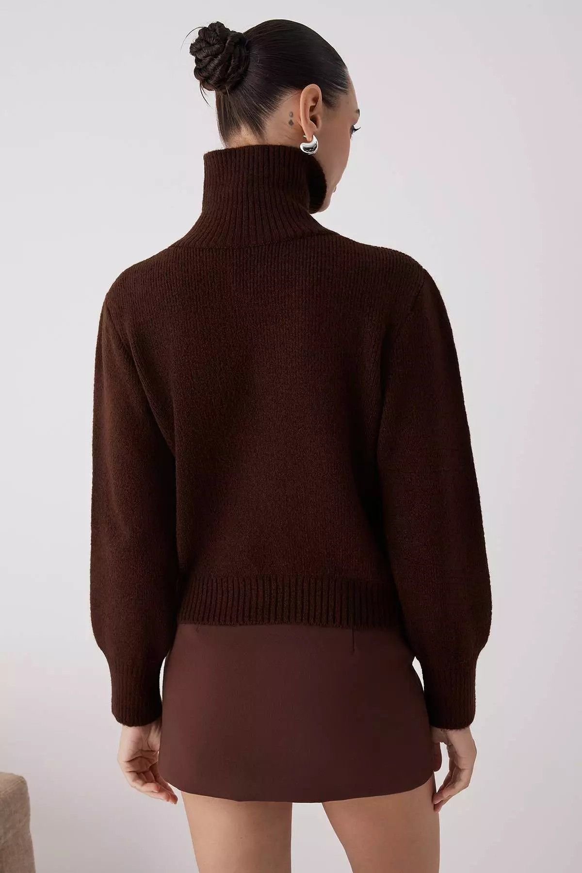 Brown Wool Premium Yarn/Special Yarn Zipper Basic Knitwear Sweater