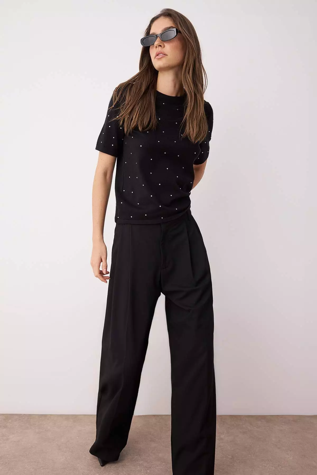 Black Premium Yarn/Special Yarn Stone Processing Detailed Knitwear Sweater