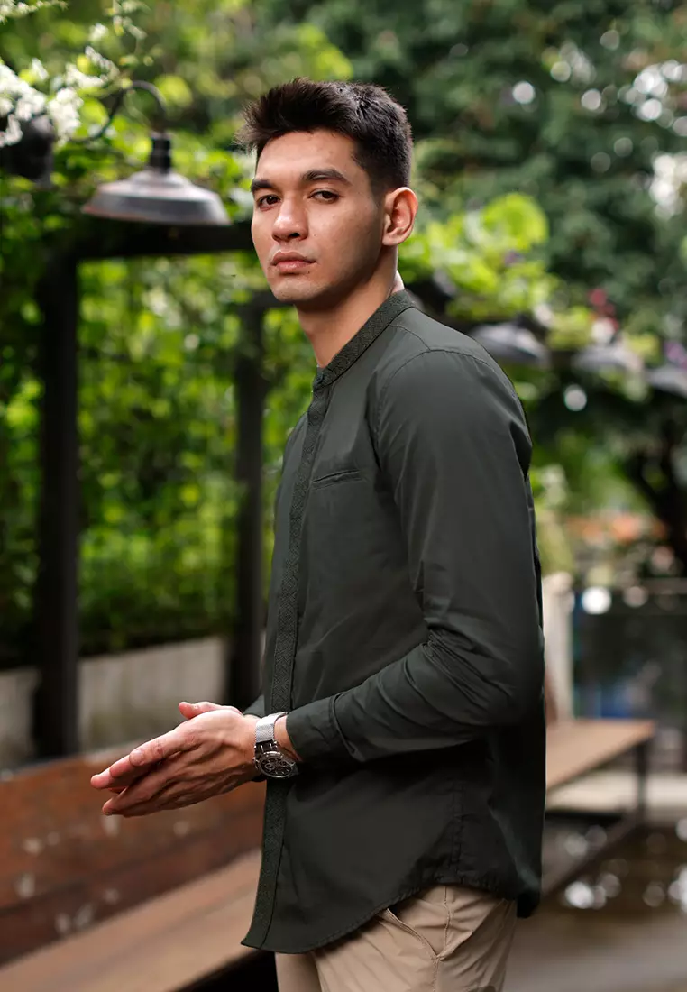 OXCON Kemeja Tangan Panjang koko bordir embrodiery collarless shirt seaweed