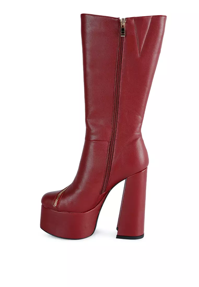 Burgundy Faux Leather High Heeled Platform Calf Boots