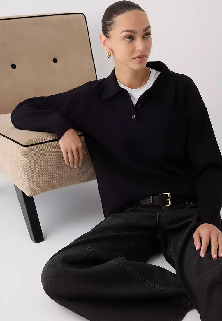 Black*001 Premium/Special Yarn Polo Collar Plain Knitwear Sweater