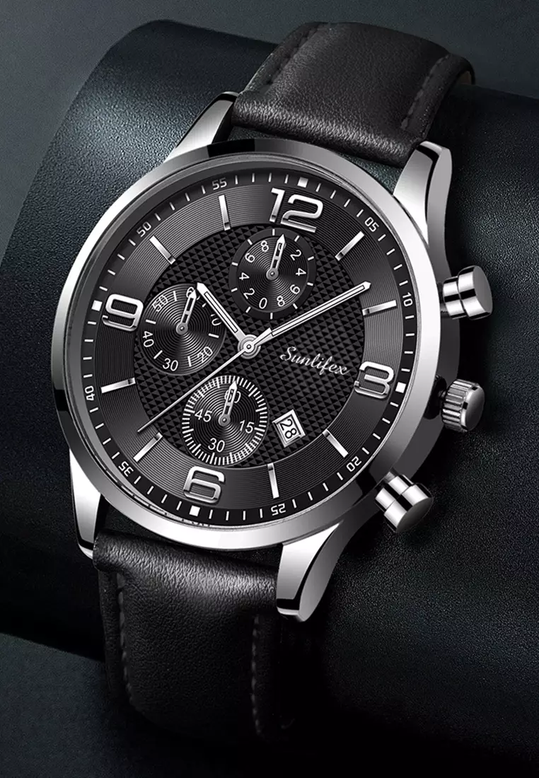 Jam Tangan Pria Kalender Kuarsa Bisnis Klasik Anti Air Tali Kulit Jam Tangan Cowok black silver