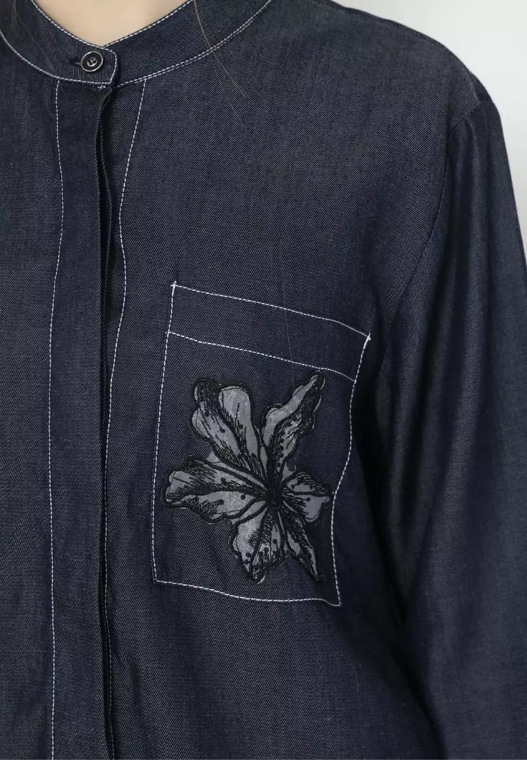 Tunic Tencel Soft Denim With Embroidery In Pocket By Brilliant Girl Warna NAVY