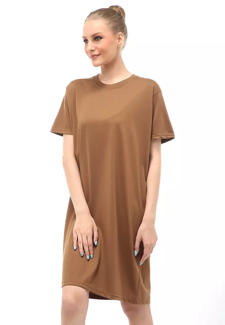 Finch Midi Dress Wanita Short Sleeves Motif Polos - Mocca