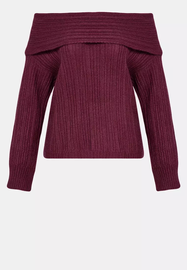 Burgundy Soft Textured Carmen Collar Knitwear Sweater
