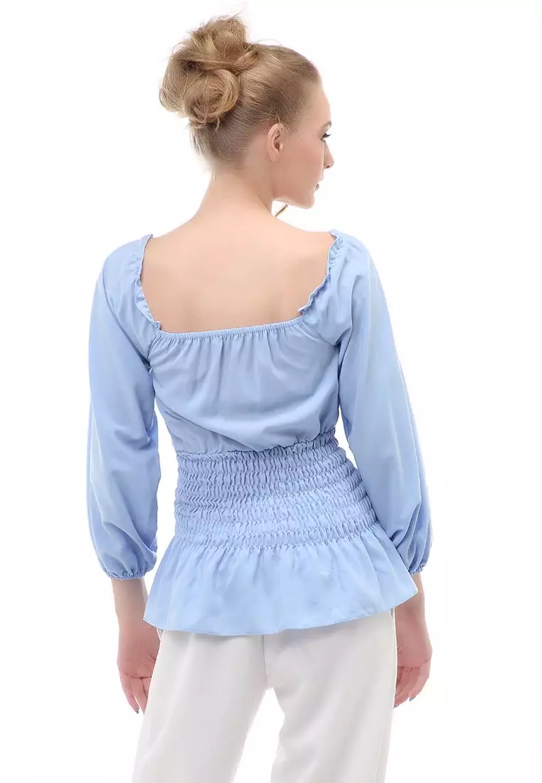 Cheva Blouse Atasan Wanita Sabrina Karet Pinggang Lengan Panjang Casual Shirt Long Sleeve Material Wolfis ORIGINAL - Blue