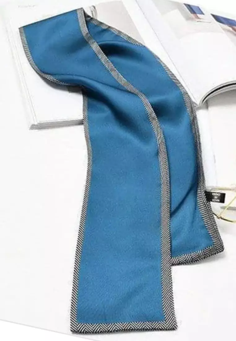 Aksesoris Wanita Plain With Zig Zag Border Twilly Skinny Multi purpose Scarf Leher Cobalt Blue,White & Black