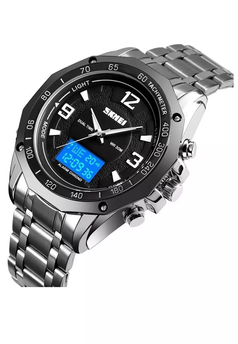 Jam Tangan Casual Digital Analog Pria Waterproof Strap Tali Material Stainless Steel WT56 ORIGINAL