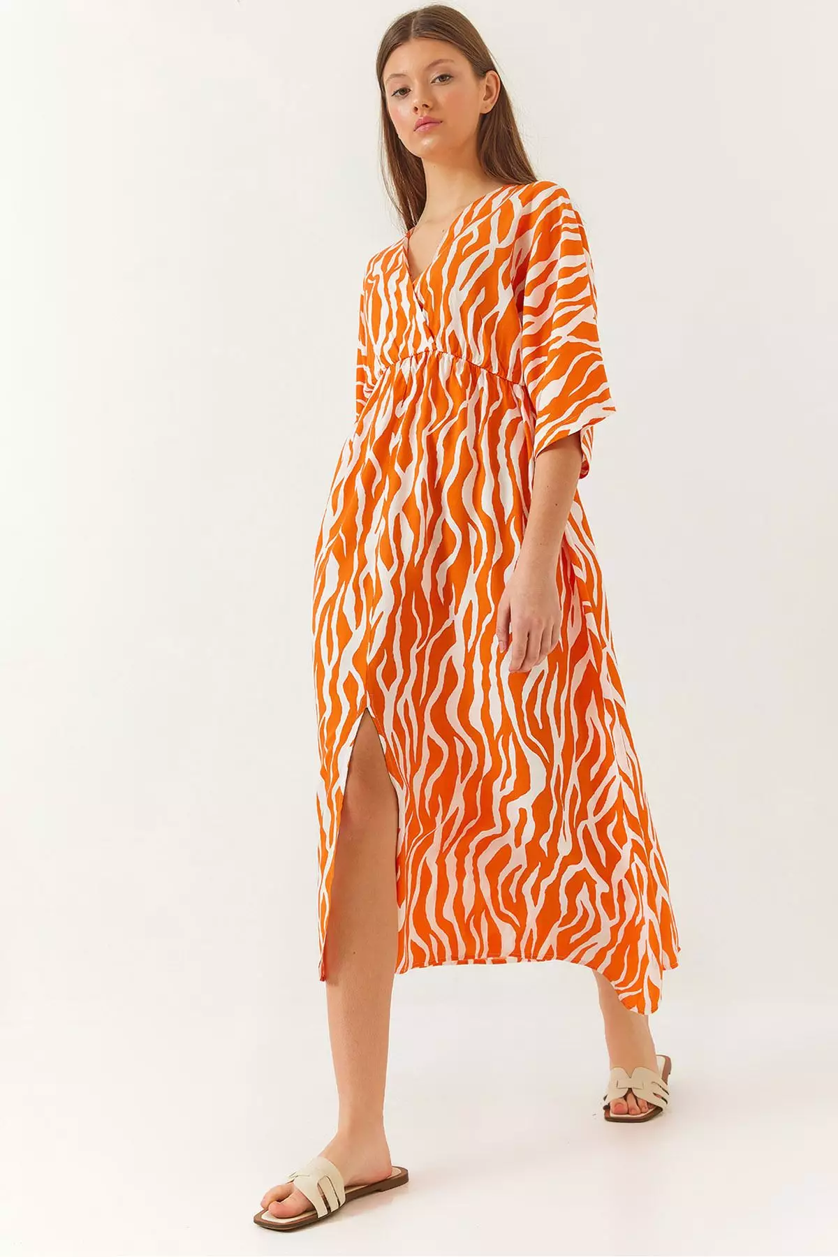 Women's Double Breasted V Neck Front Slit Detail Print Dress 60261411