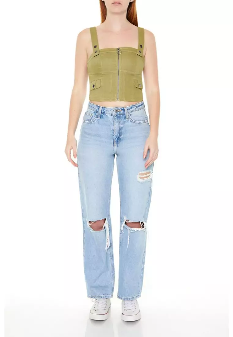 Denim zip up crop top top