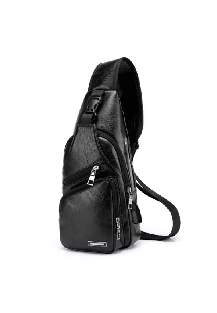 Edbert Tas Selempang Pria Crossbody Sling Bag Desain Large Storage Material Nylon Leather ORIGINAL - Black