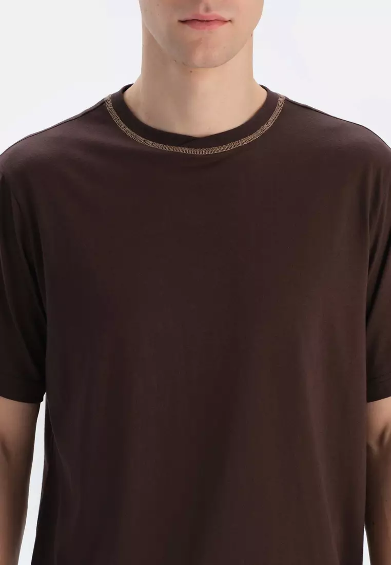 Dark Brown T-Shirt & Shorts Knitwear Set, Crew Neck, Regular, Short Leg, Short Sleeve Sleepwear for Men