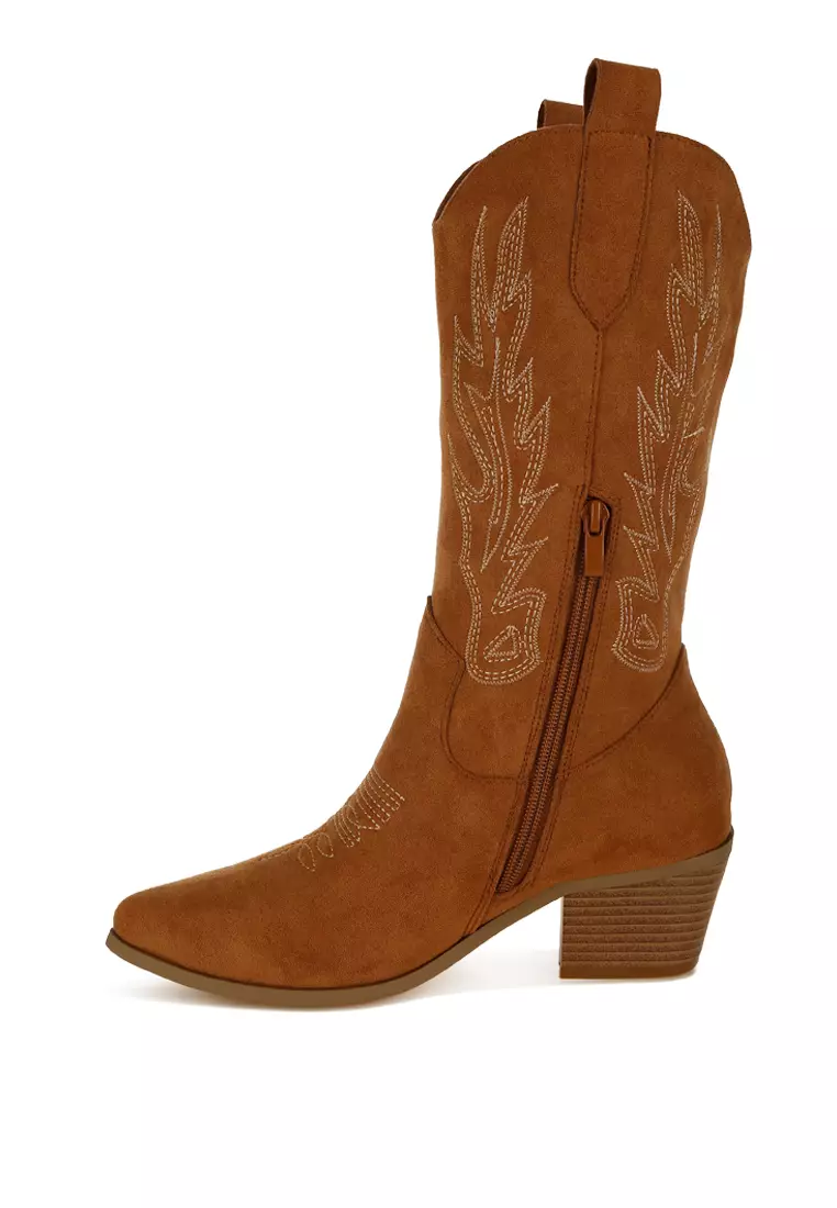 Embroidery Detail Cowboy Boots in Tan