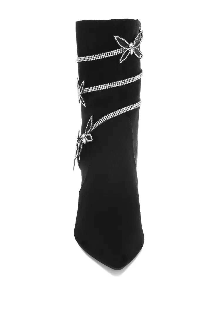Rhinestone Brooch Wrap-Around Boots In Black