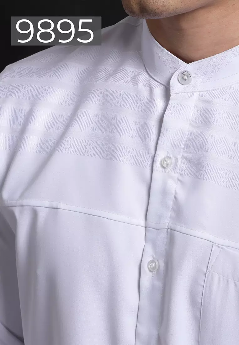 Casella Baju Koko Pria Lengan Panjang Premium Horizontal White | Koko Elegant Ismail Lengan Panjang 9895 White
