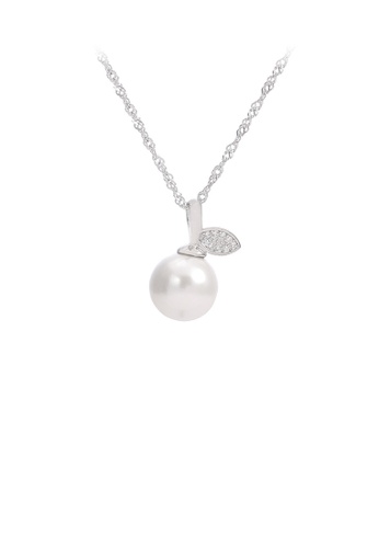 Glamorousky white 925 Sterling Silver Fashion Elegant Leaf Freshwater Pearl Pendant with Cubic Zirconia and Necklace 0021BACDEE3F2AGS_1