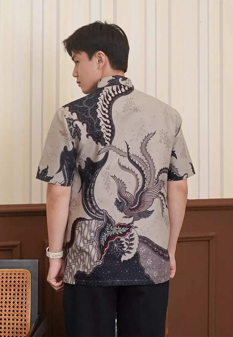 Enzy Batik Essential Kemeja Batik Pria Lengan Pendek Adinata - Grey