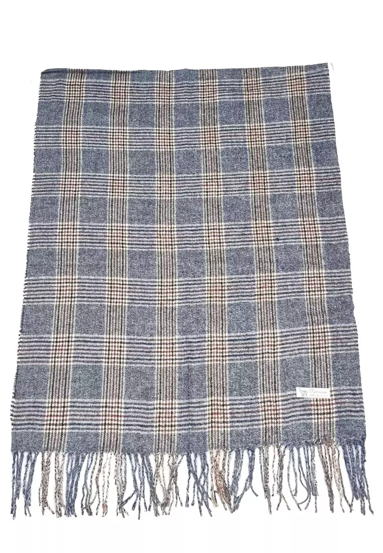 Checkered Cashmere Shawl Mustard Syal Wanita Denim Blue