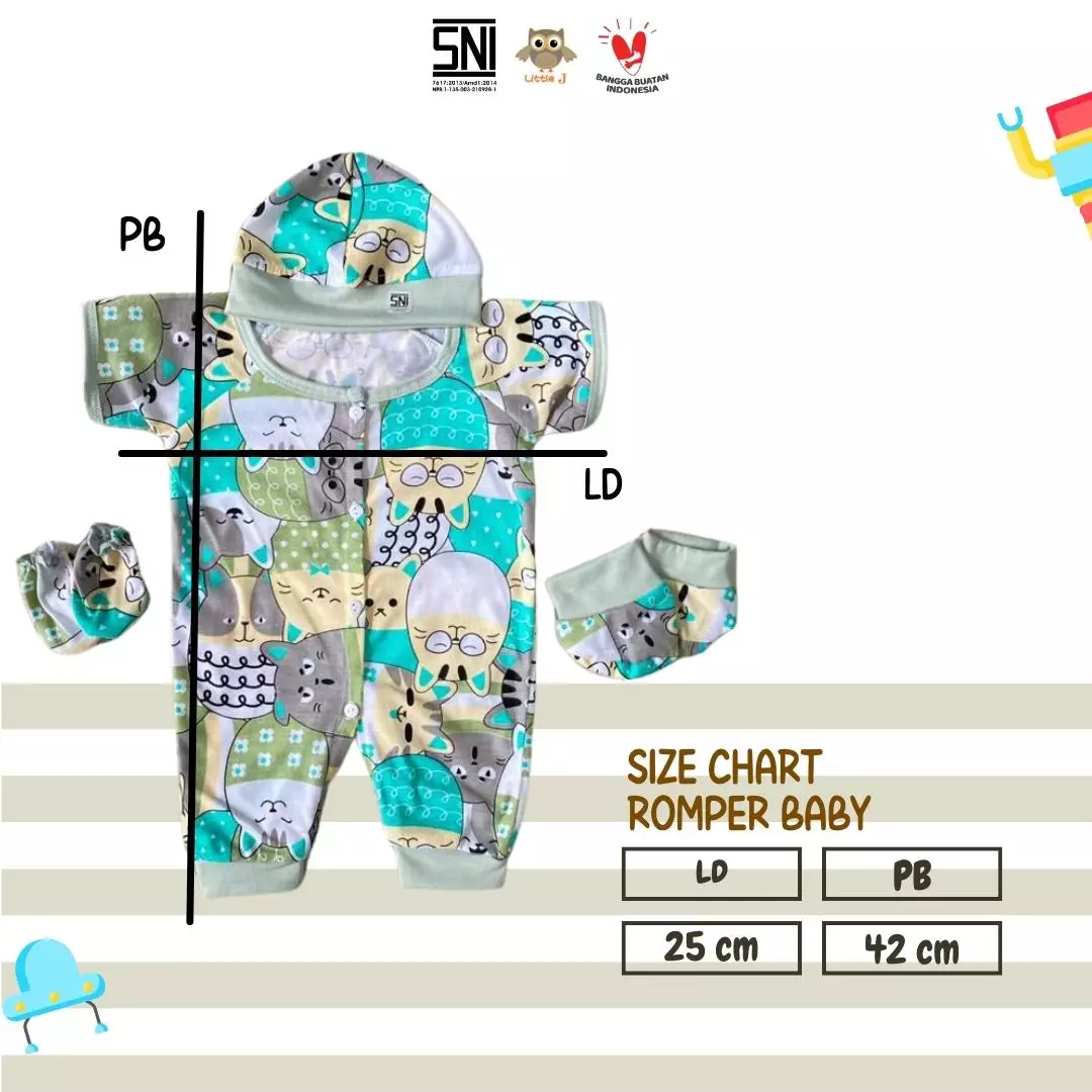 Little J - (1942) Romper Bayi Set Lengkap 4 in 1 Motif Eeg | Baju Bayi Lengan Pendek + Topi + Sarung Tangan & Kaki