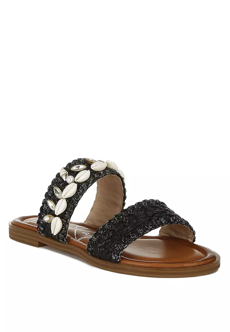 Sandal Slip-On Shell & Diamante dalam Warna Hitam
