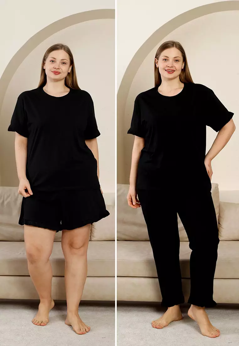 Black Crew Neck Ruffle Detailed 3 Piece Pajama Set Tbbss25Ai00093