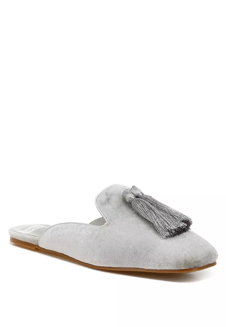 Tassel Detail Velvet Mules in Silver