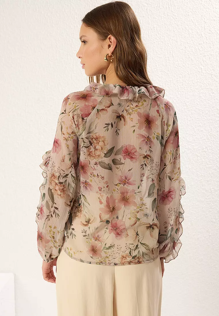 Chiffon Floral Ruffle Shirt