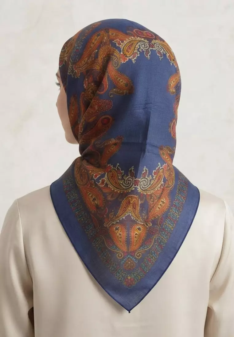 Paris Paisley Motif Square Hijab Segi Empat Scarf Blue