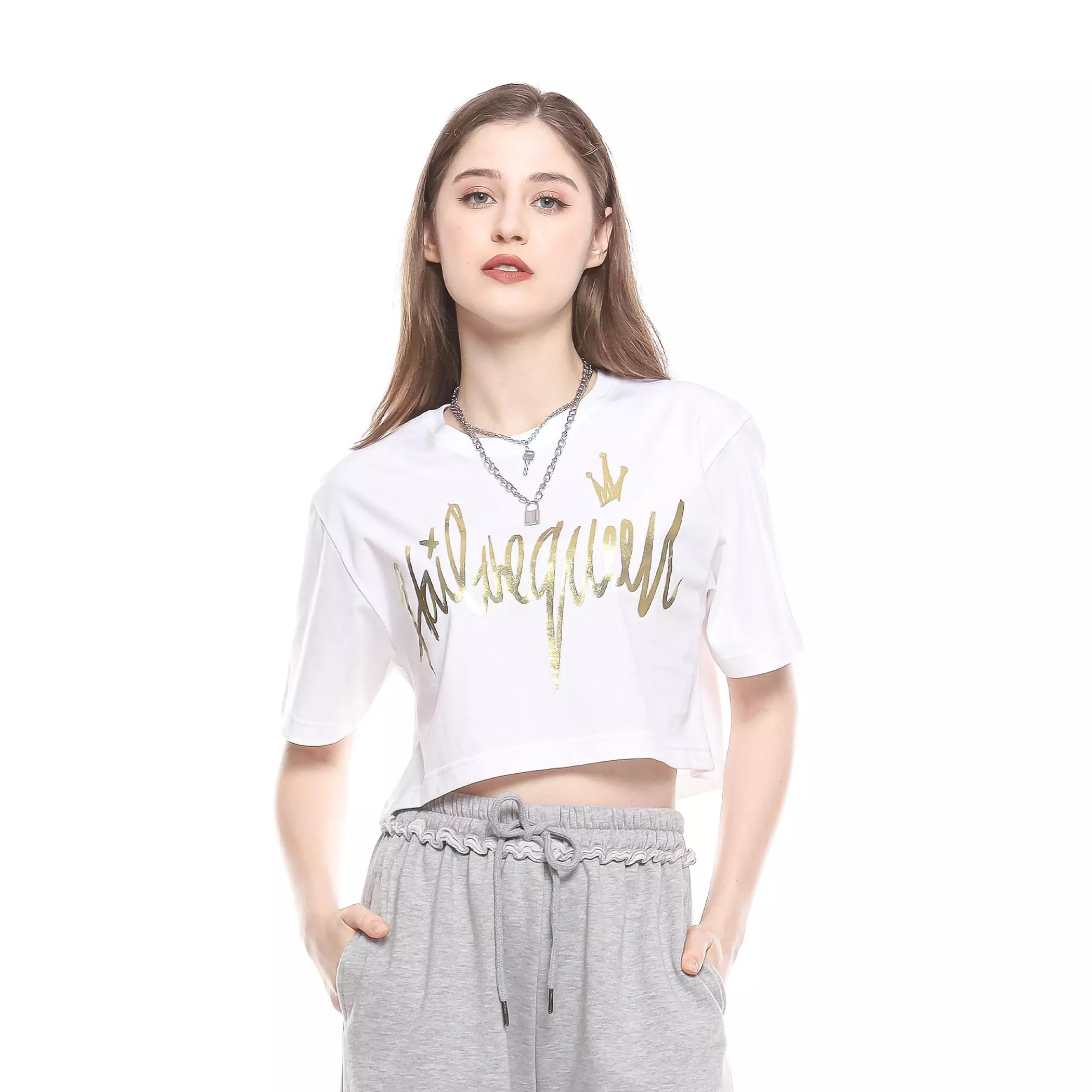 Enough For Today - Kaos Crop Oversize Wanita HailtheQueen Putih Gold