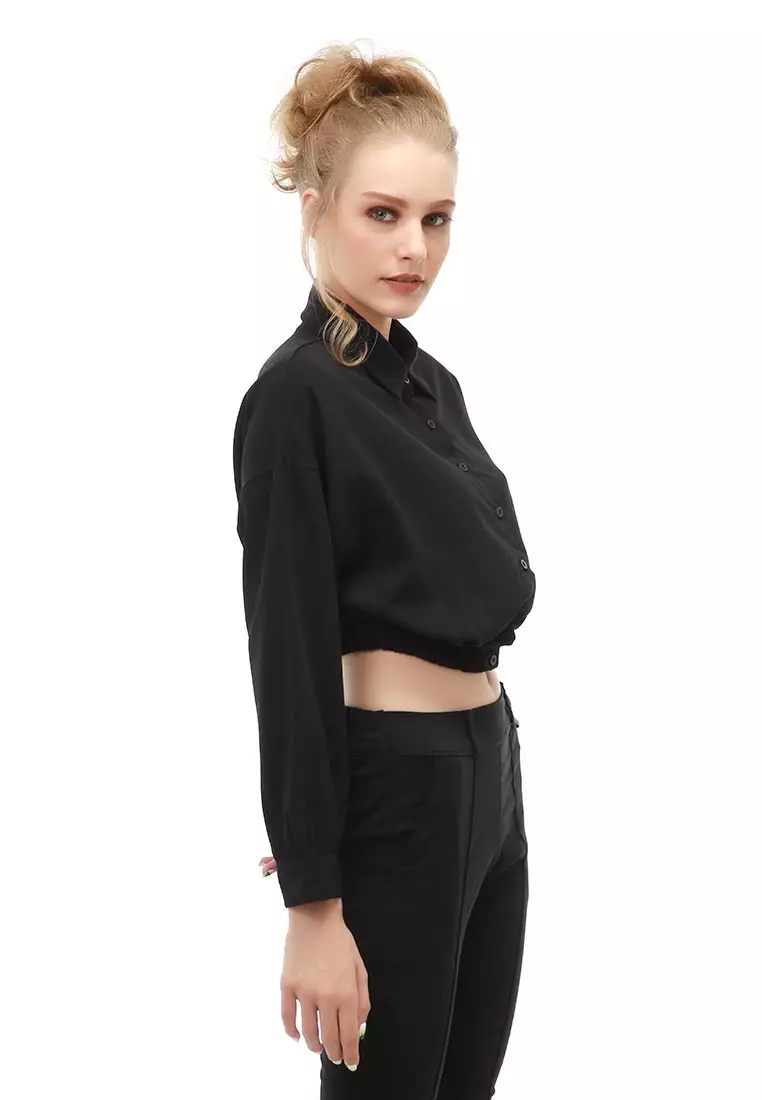 Holly Atasan Kasual Wanita Kemeja Lengan Panjang Shirt Long Sleeve Variasi Karet Pinggang Material Woven ORIGINAL - Black