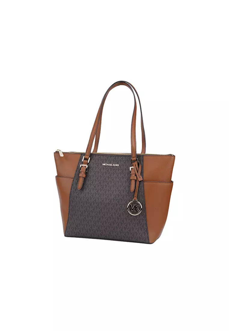 Charlotte Large Logo and Leather Top-Zip Tote Bag In Brown 35T0GCFT3B