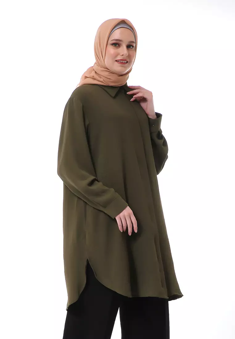 Azzahra Tunik Panjang Muslimah Wanita Long Sleeve Regular Fit Premium High Quality - Army