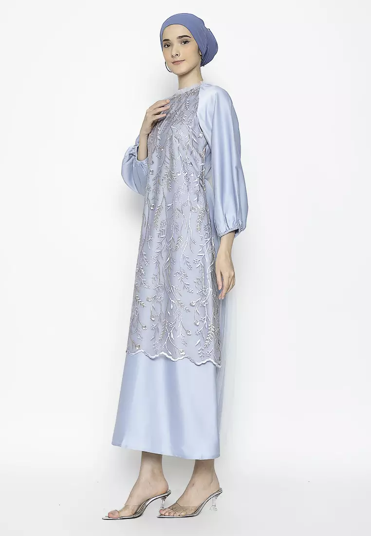 Urban Exchange Rose Gamis Brokat Blue - Long Dress Gamis Brokat Lebaran Blue Warna Blue
