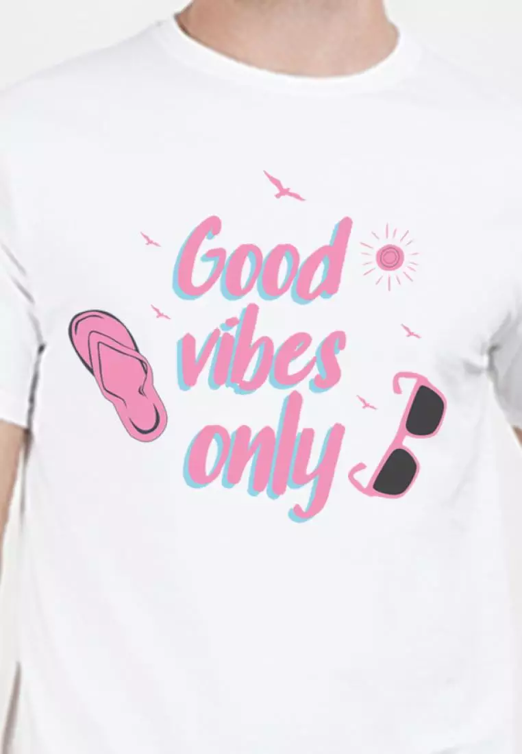 Good Vibes Only White Cotton Short Sleeve Crew Neck Regular Fit Tee
