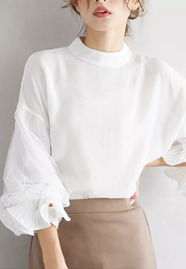 Hollister long sleeve satin blouse with lace trim in white