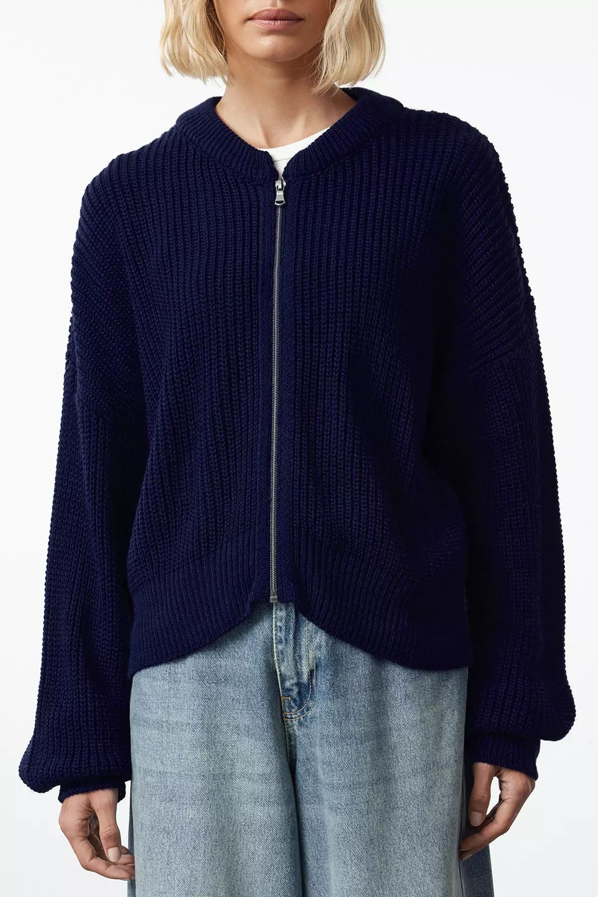 Navy Blue Wide Fit Bomber Collar Zippered Knitwear Cardigan Twoaw24Hi00153