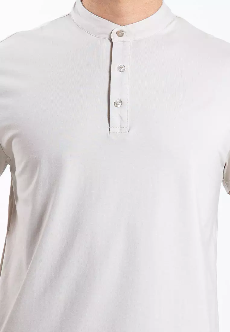 Forest Premium Weight Cotton Stretchable Mandarin Collar T Shirt Men Slim Fit Tee | 23856-16LtKhaki