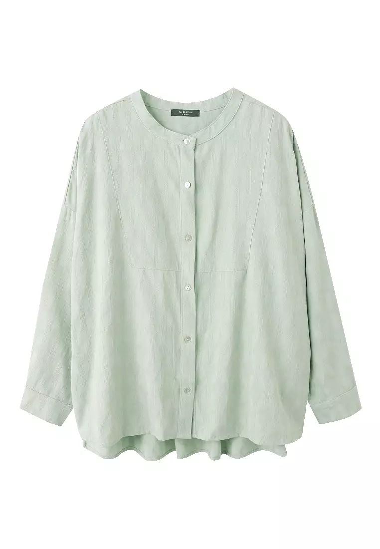 立體織紋中山領前短後長貝殼排扣寬鬆襯衫《AB19254》