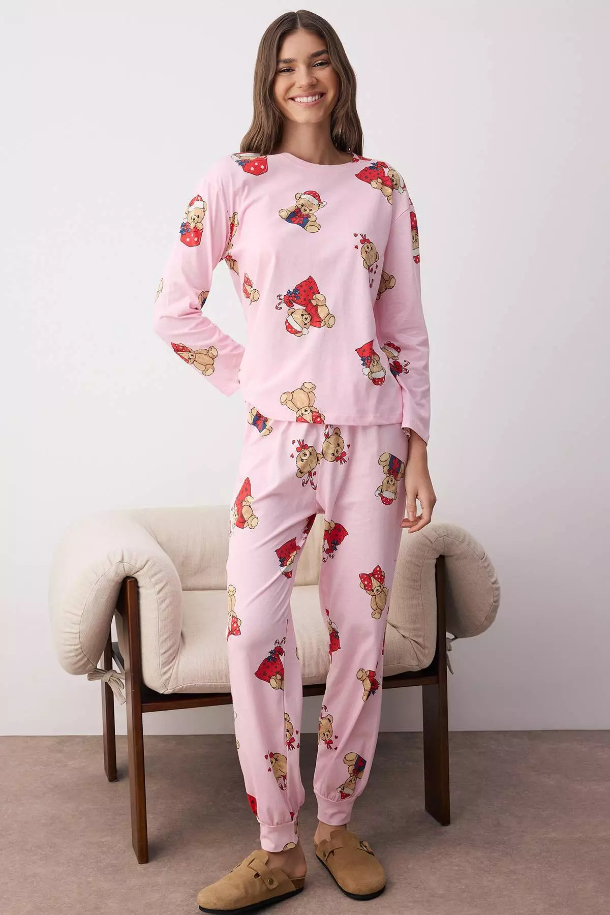 Pink 100% Cotton Teddy Bear Christmas Themed Knitted Pajama Set Thmaw26Pt00052