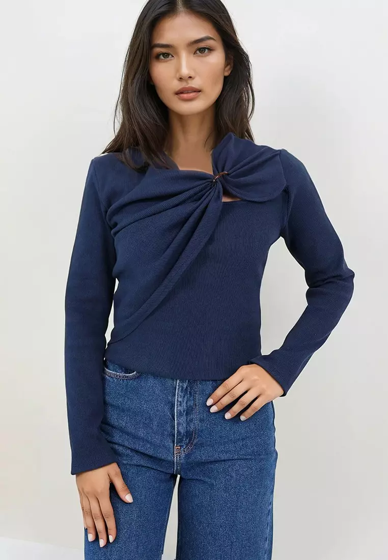 Accessory Detailed Asymmetrical Gathered Blouse