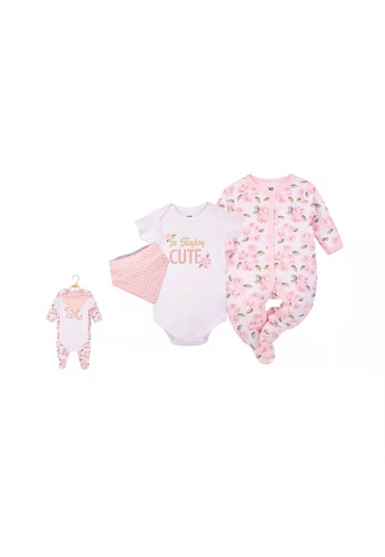Little Kooma white and pink Hudson Baby Bodysuit Sleepsuit Bib 3 Piece Layette Set 00994CH Stinkin Cute 67D6FKA78E3A55GS_1