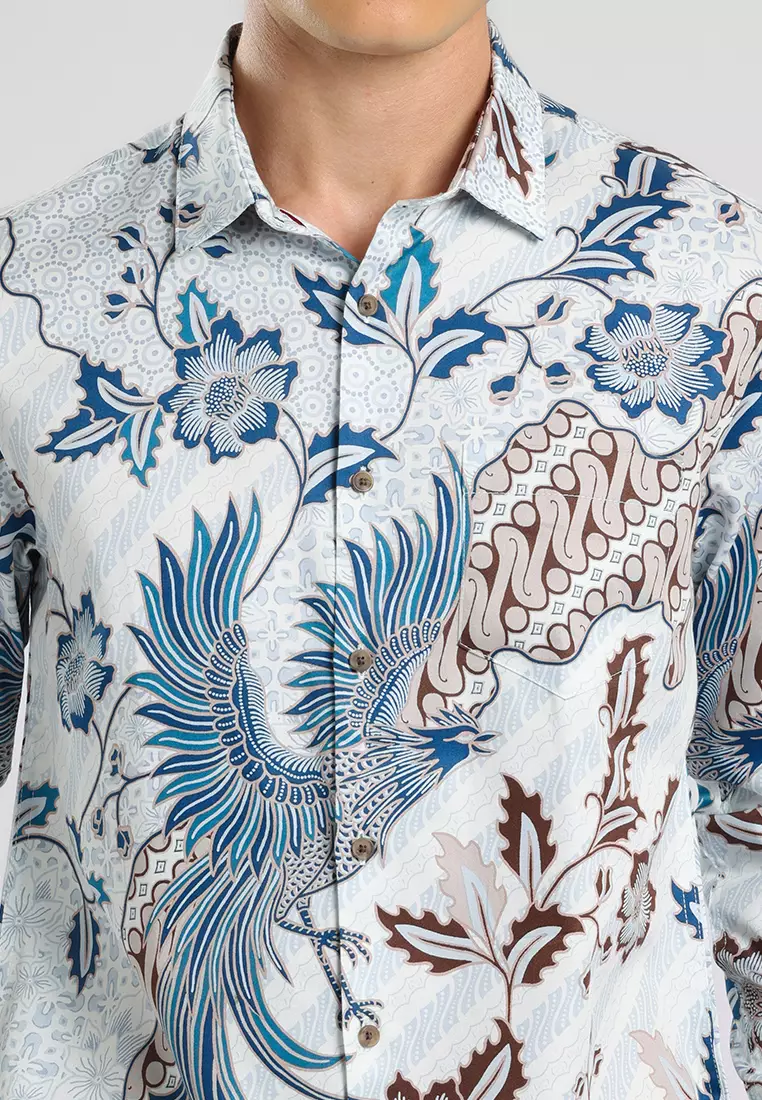 MANZONE - Kemeja Batik Lengan Panjang Pria Kundala 02 Modern Fit - White Warna White