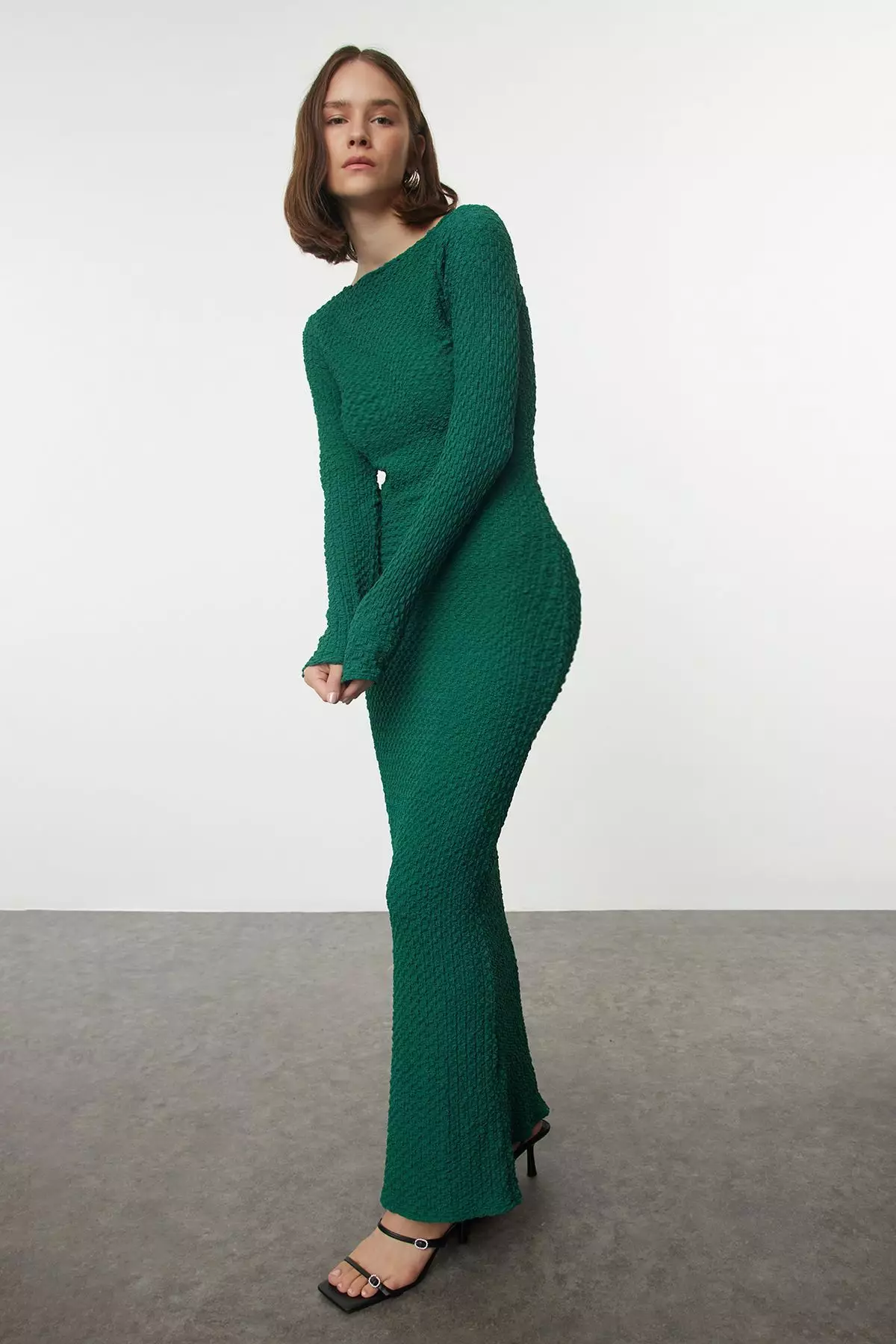 Emerald Green Plain Textured Fitted Maxi Knitted Dress TWOAW25EL00097
