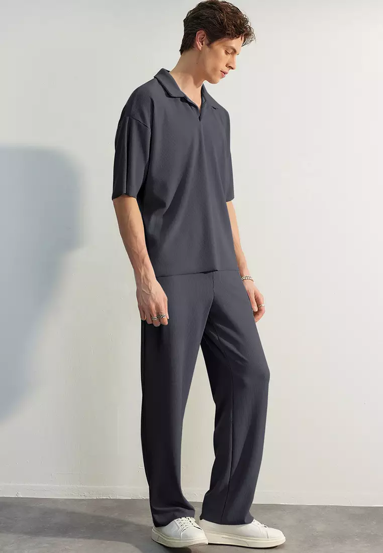 Limited Edition Smoke Oversize/Wide Textured Wrinkle-Free Ottoman Polo Neck T-Shirt TMNSS23PO00020