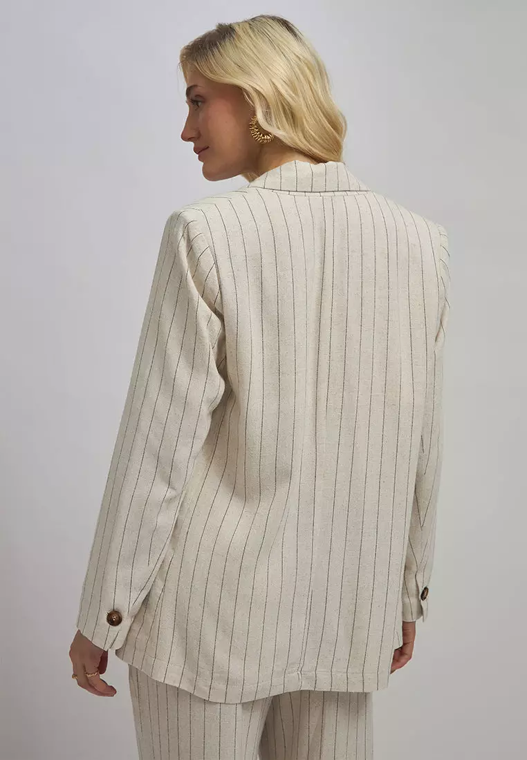 VIRGIO Linen Pinstripe Long Sleeve Blazer