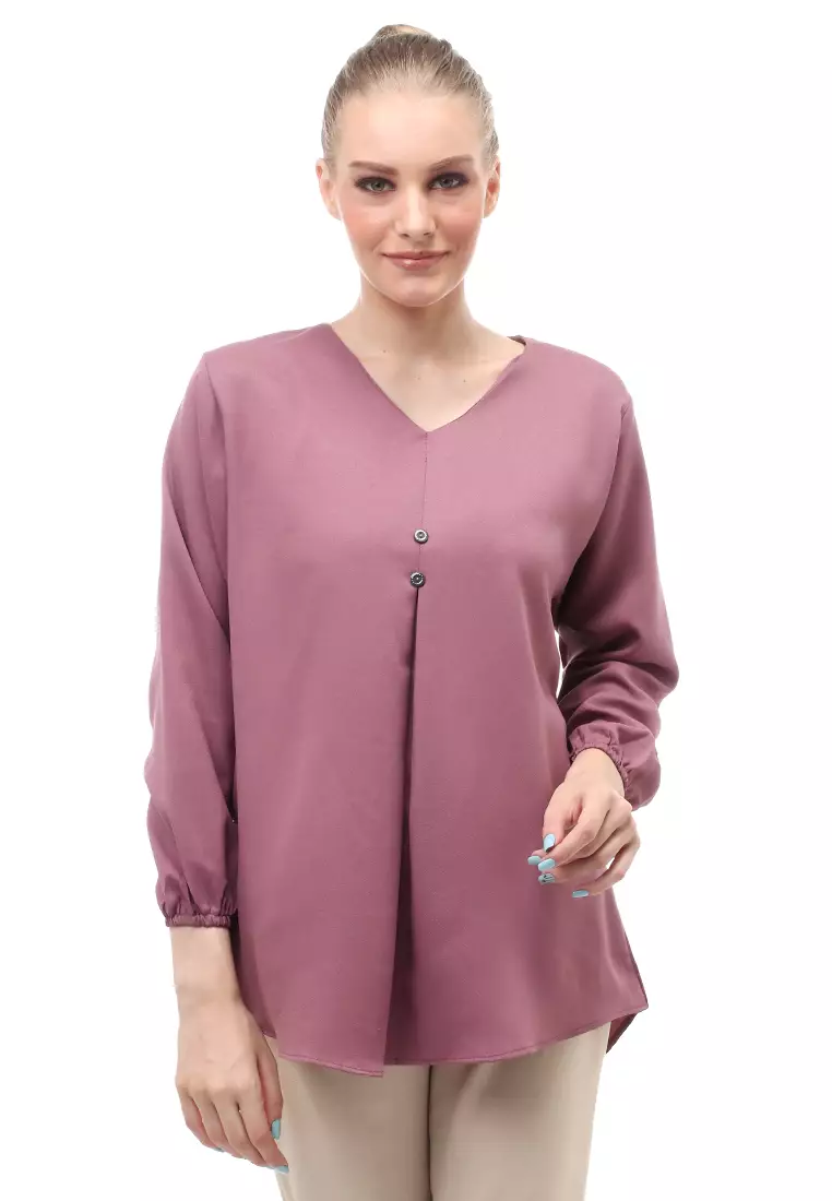 Mitzi Blouse Wanita Kerah V-neck Motif Solid Aksen Kancing Design Casual - Taro