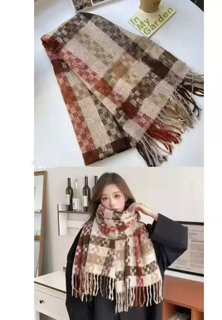 Aksesoris Wanita Checks Motif Cashmere Pashmina Syal Wanita Tebal Kasmir Red & Brown