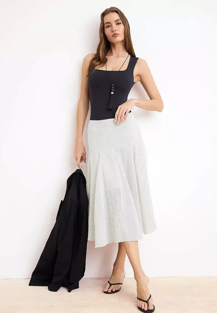 White Striped Lined Flared Midi Skirt Twoss26Et73